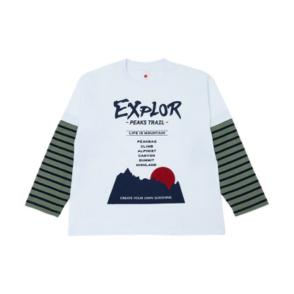 男童春季假兩件撞色印花長袖T恤