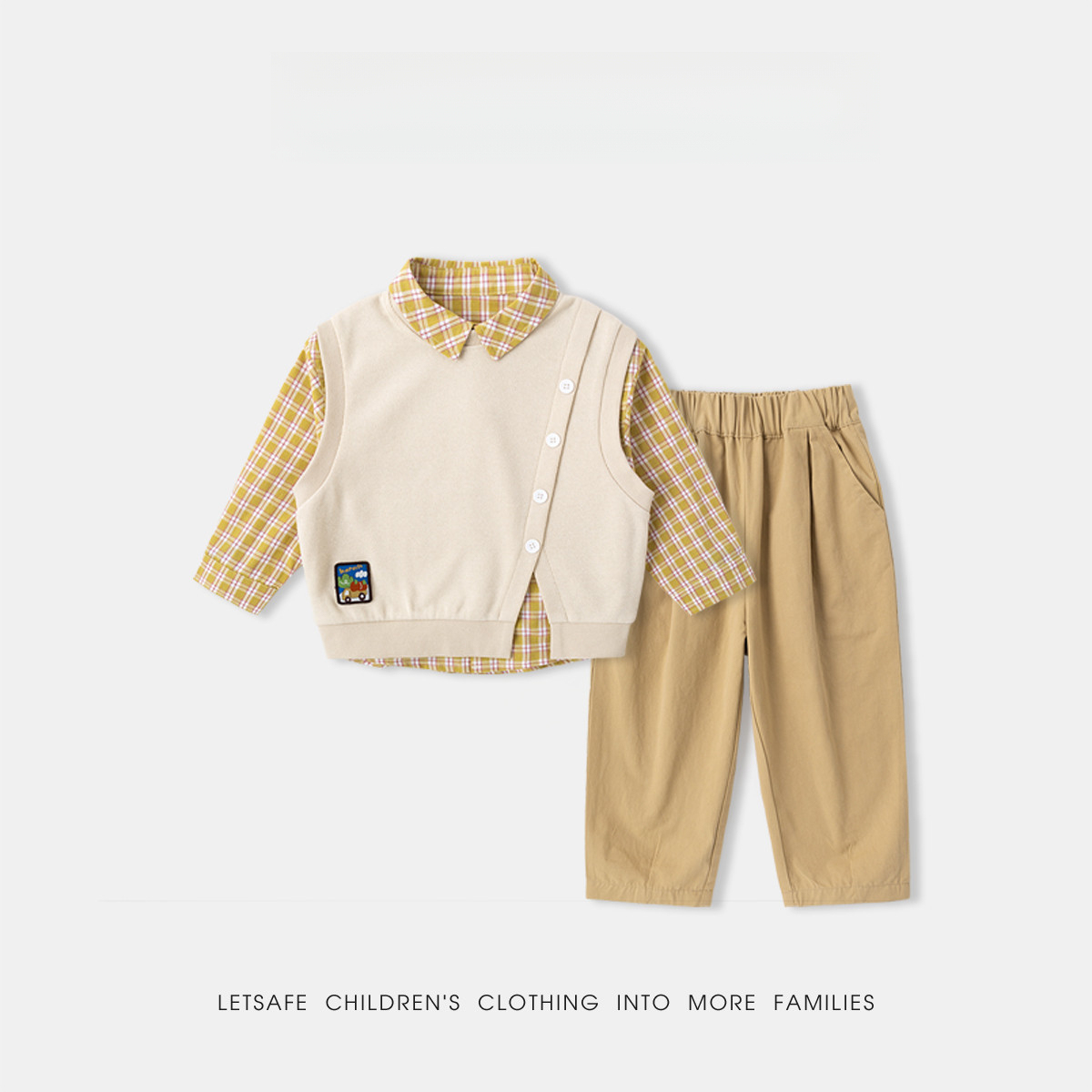 兒童春季學院風格子襯衫馬甲褲子三件套套裝