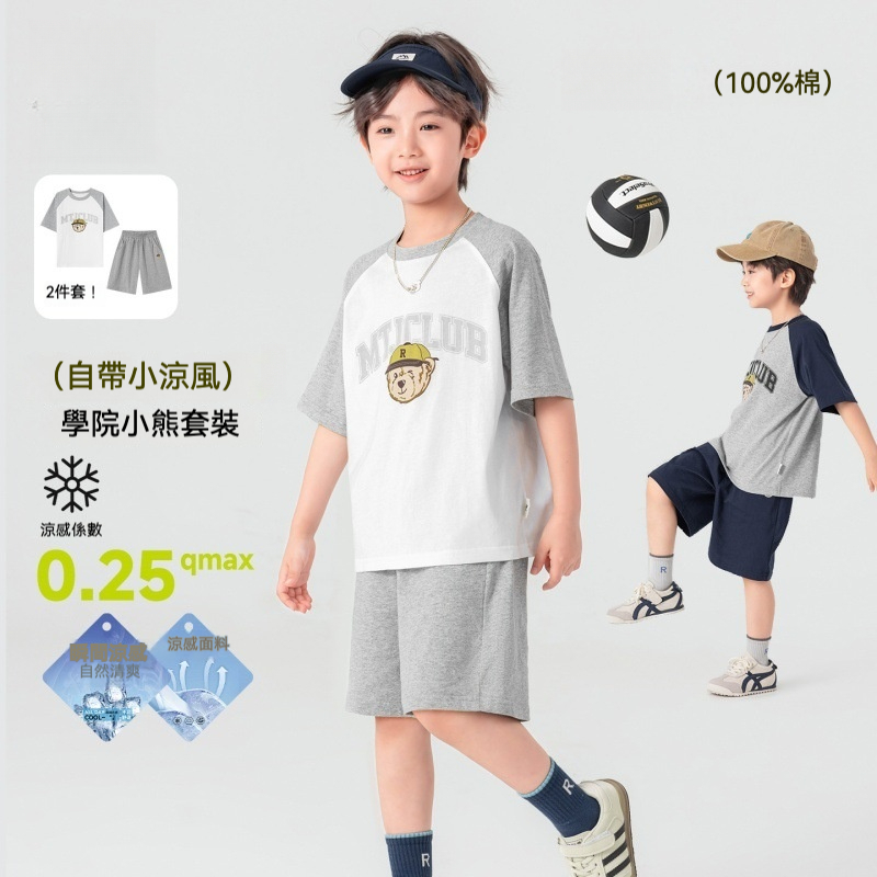 男童小熊純棉印花短袖短褲套裝