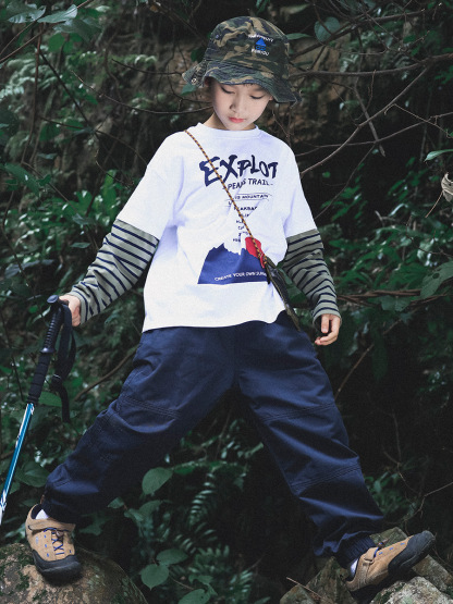 男童春季假兩件撞色印花長袖T恤