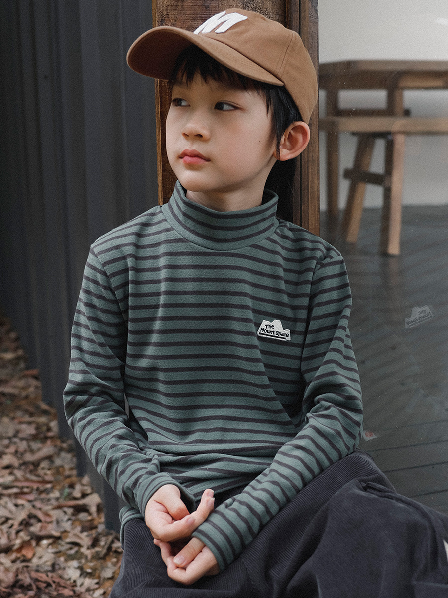 兒童冬季半高領條紋長袖打底衫