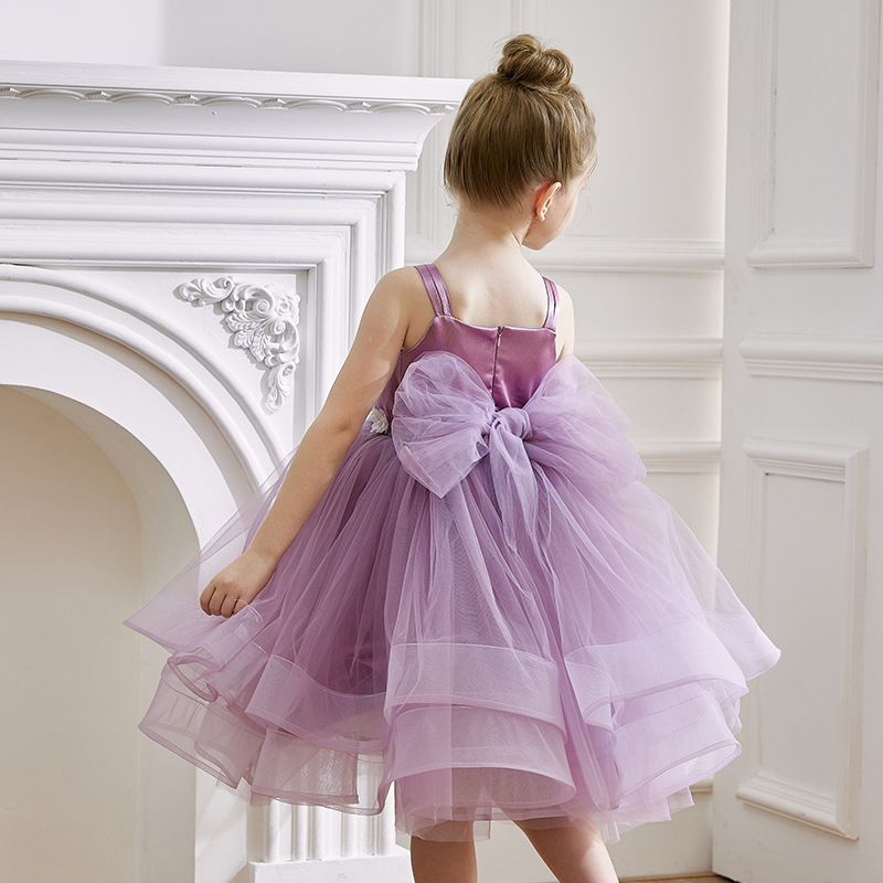 女童吊帶紫色花朵生日派對蓬蓬裙