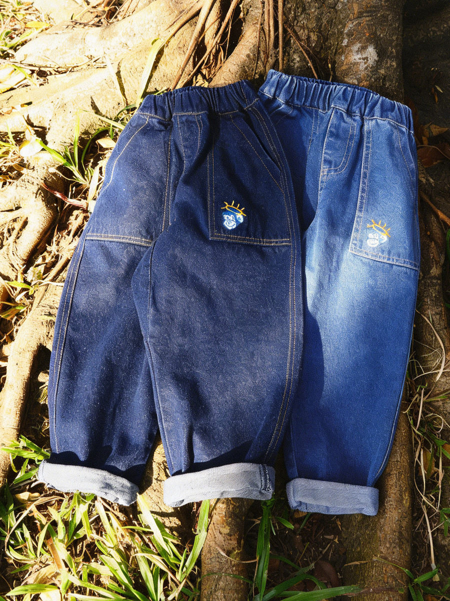 兒童春季復古印花直筒寬鬆休閑牛仔褲