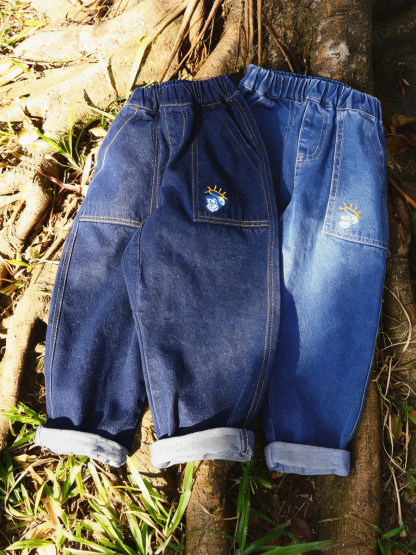 兒童春季復古印花直筒寬鬆休閑牛仔褲