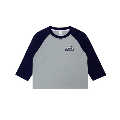 女童春季圓領純棉撞色插肩印花長袖打底衫T恤