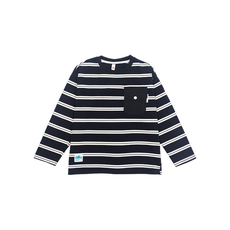兒童秋季撞色口袋條紋長袖T恤
