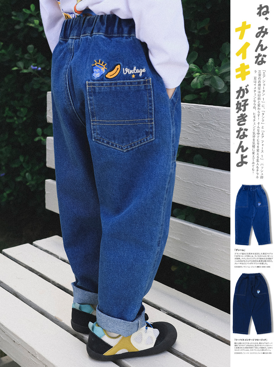 兒童春季復古印花直筒寬鬆休閑牛仔褲