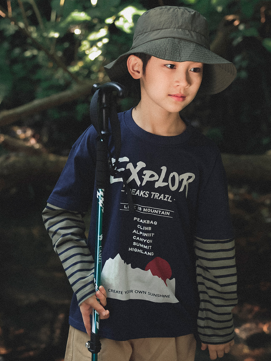 男童春季假兩件撞色印花長袖T恤