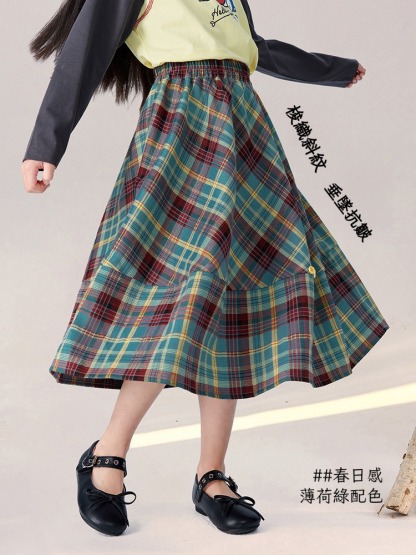 春季女童復古英倫格紋半身裙