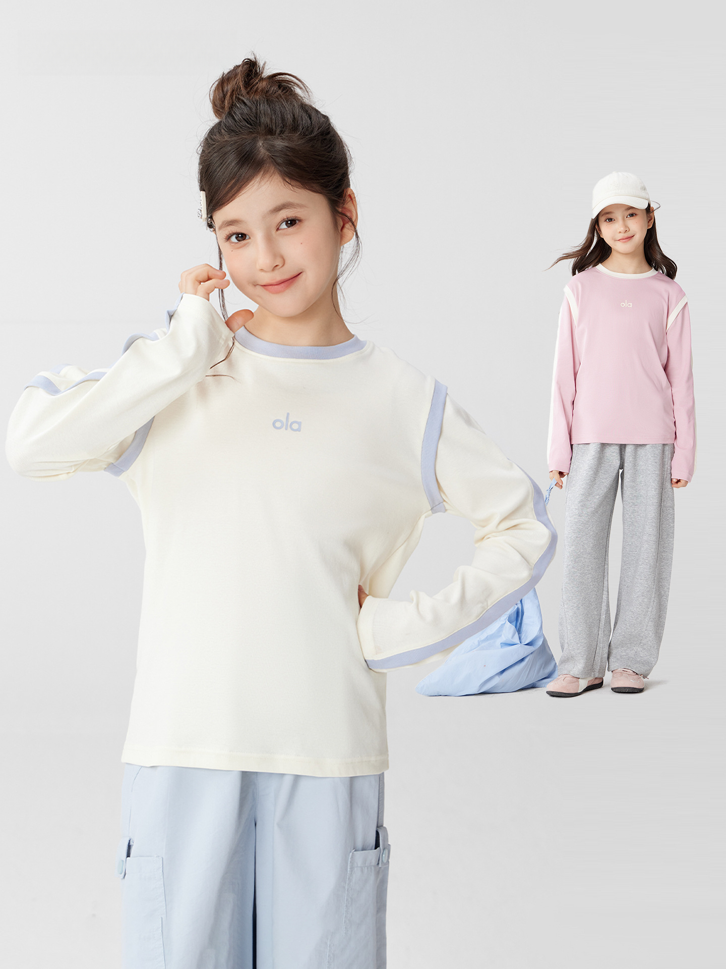 女童假兩件撞色邊條T恤