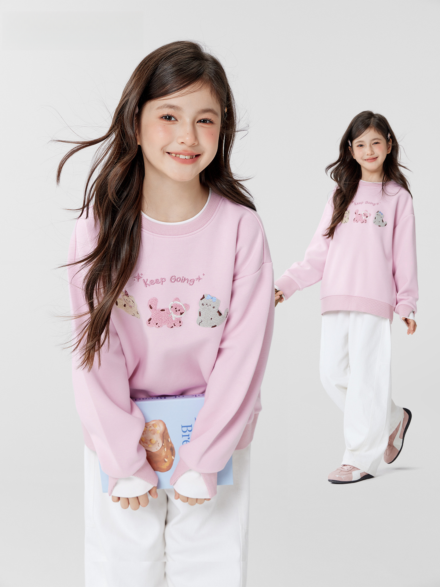 女童春季假兩件小貓圓領衛衣