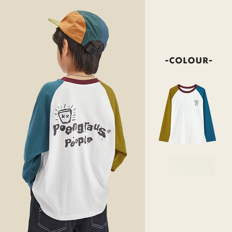 男童春秋撞色插肩袖T恤