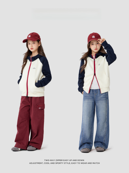 女童春秋款時尚拼色連帽外套衛衣