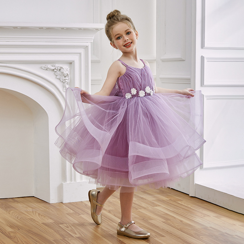 女童吊帶紫色花朵生日派對蓬蓬裙
