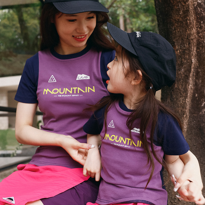 兒童山系撞色拼接圓領短袖t恤親子裝