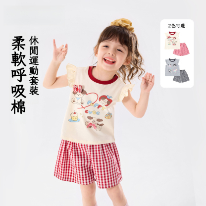 女童甜心小狗飛袖短袖短褲套裝