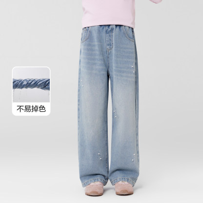 女童中大童重工釘珠直筒牛仔褲