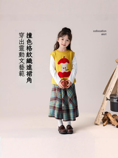 春季女童復古英倫格紋半身裙