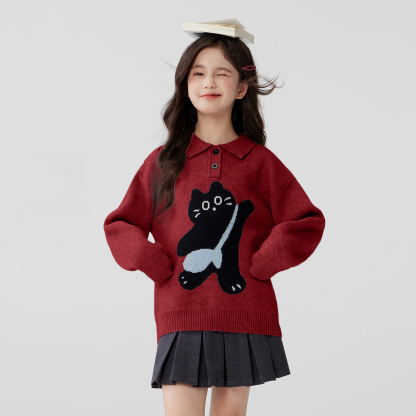 女童POLO卡通小貓毛衣