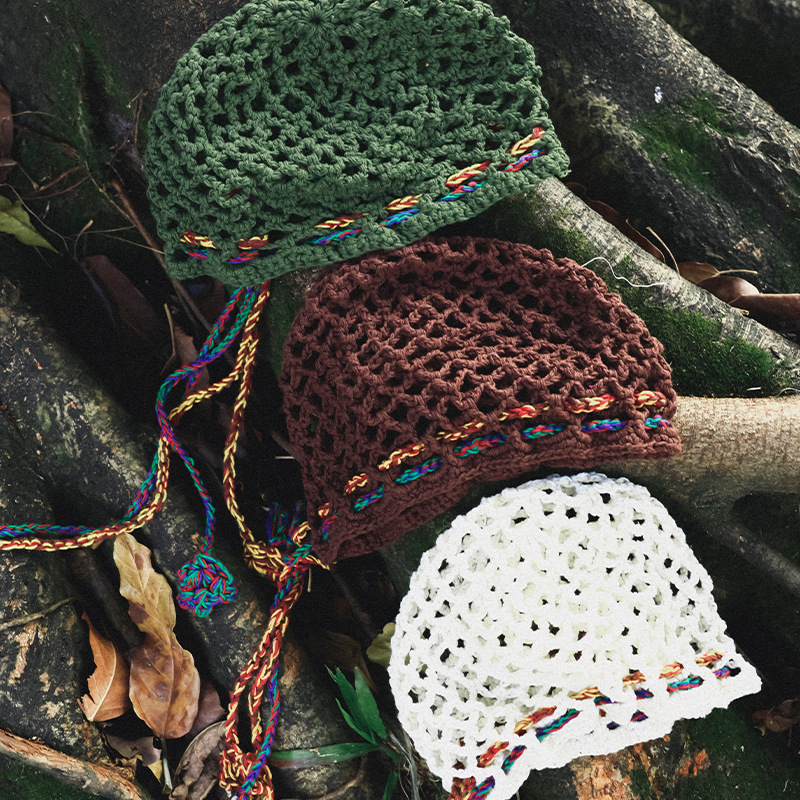 女童春季鏤空手工鈎織抽繩包頭針織帽子