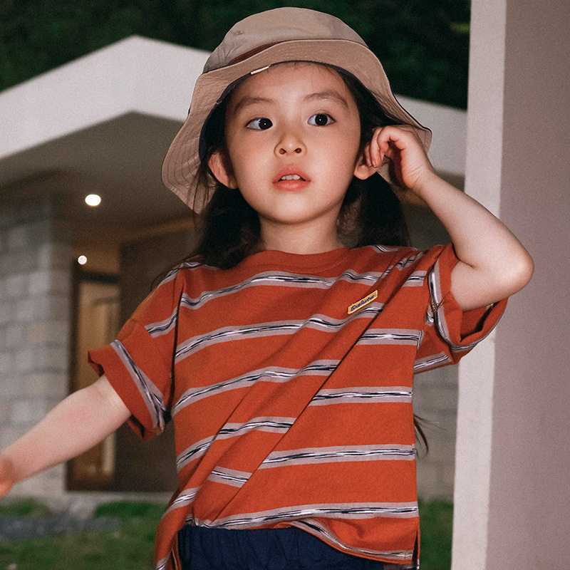 中大童寬鬆純棉撞色條紋t恤