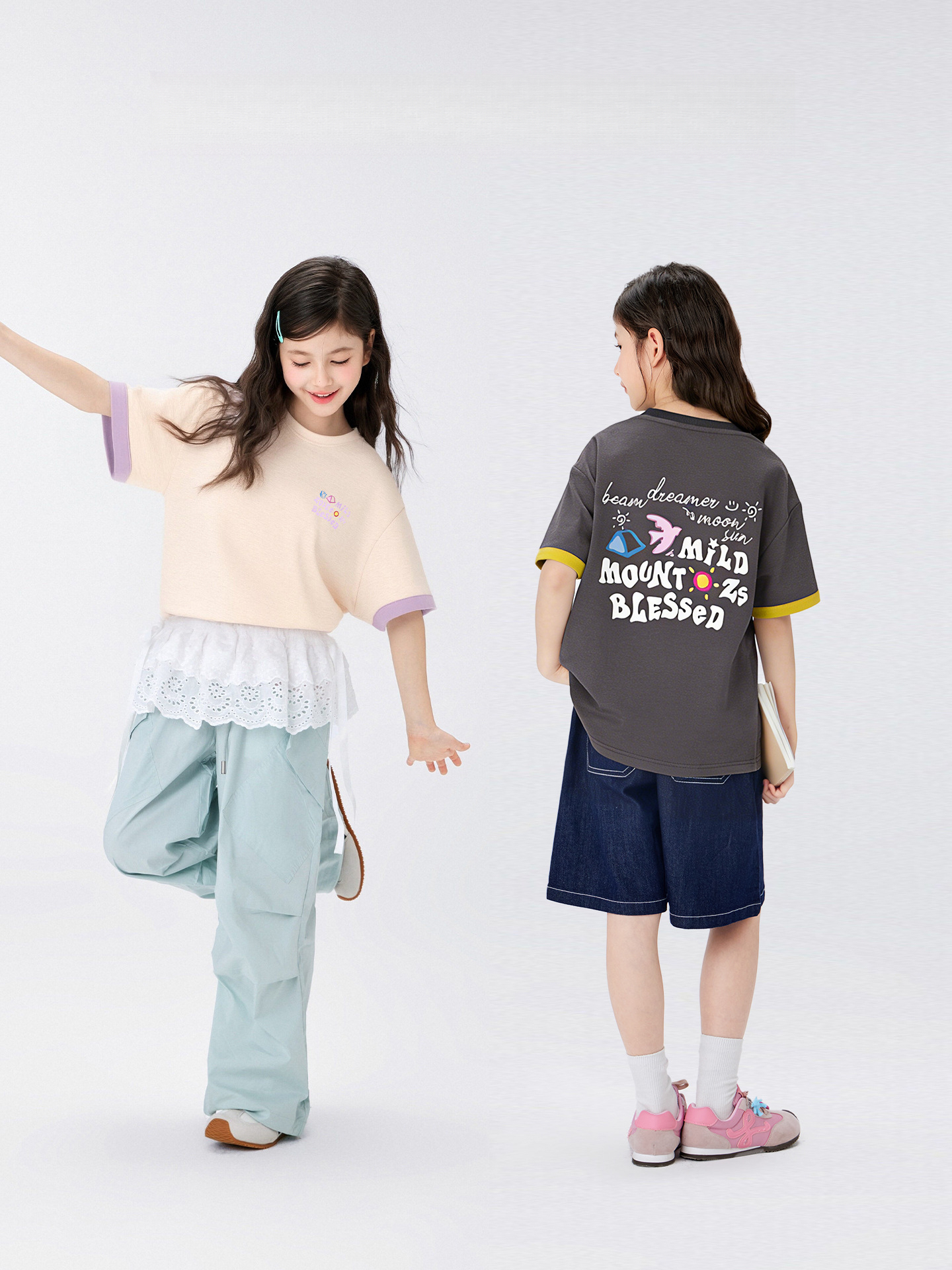 女童雙面紗撞色T