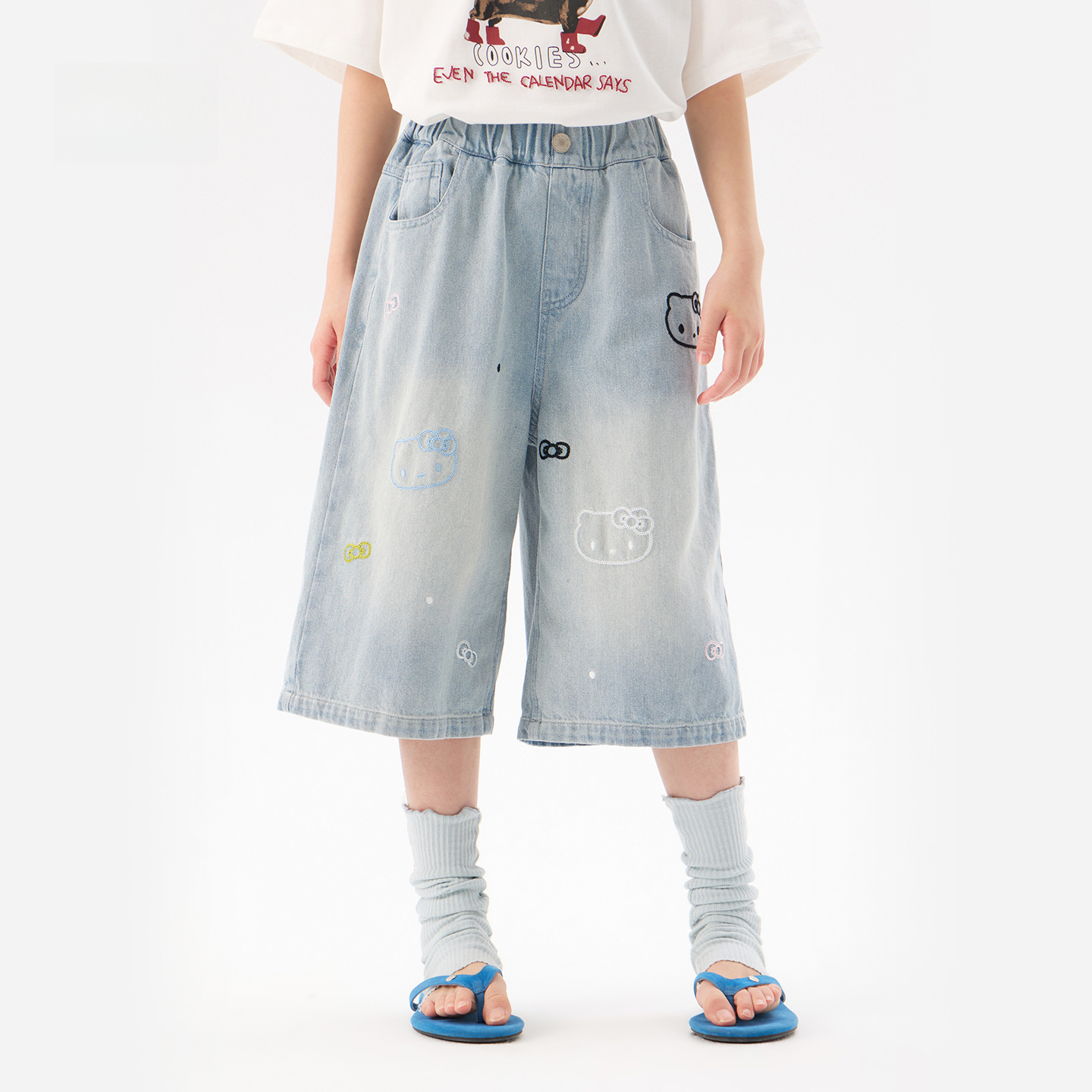 女童夏季卡通繡花七分牛仔褲