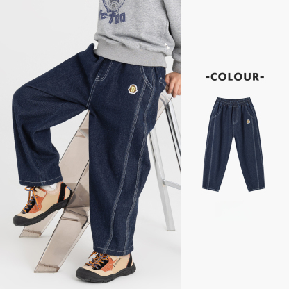 男童春秋寬鬆直筒刺繡牛仔褲