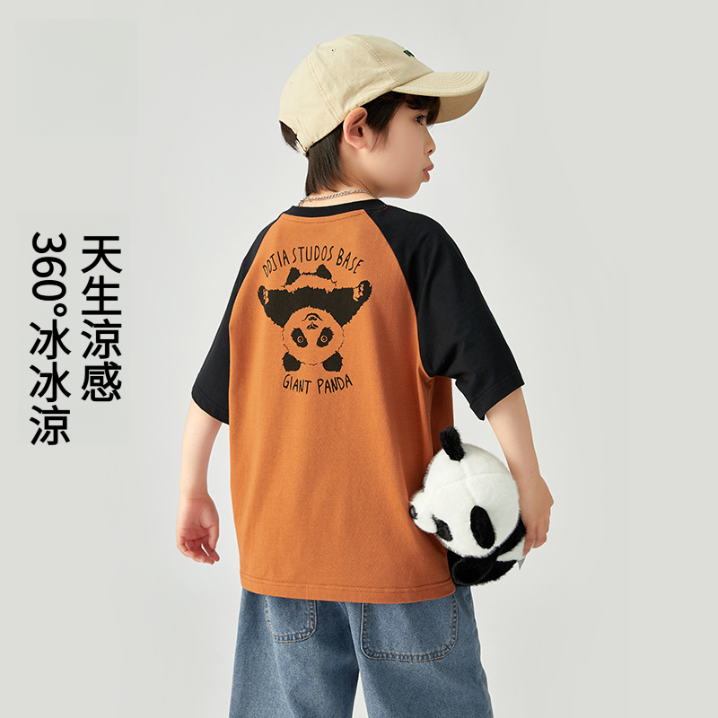 男童夏款撞色插肩大熊貓印花短袖