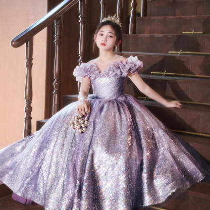 兒童輕奢紫色禮服裙