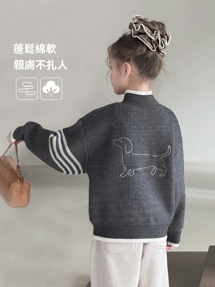 女童拉鏈立領小狗綉花針織衫