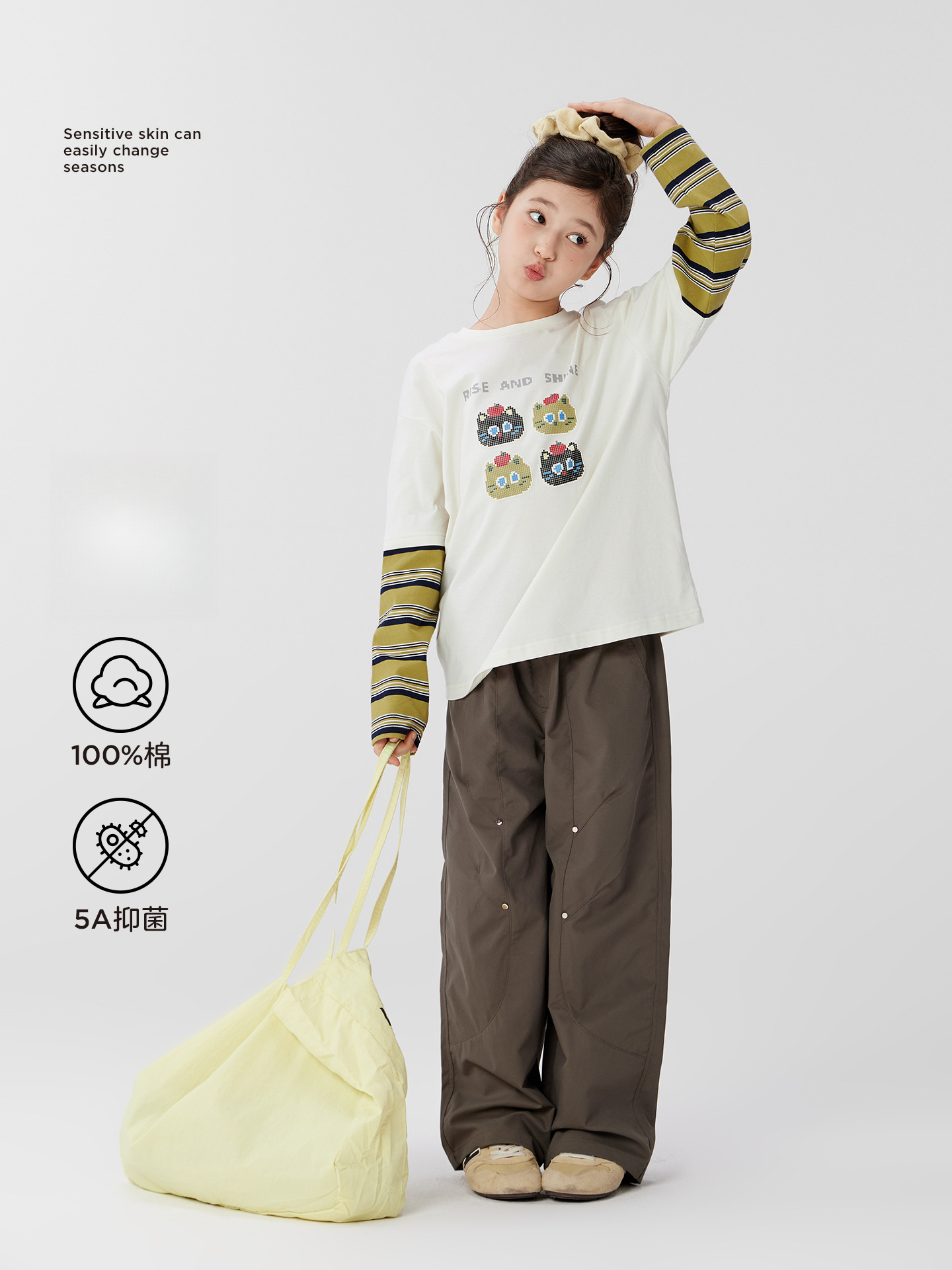 女童假兩件春秋款貓咪卡通長袖T恤