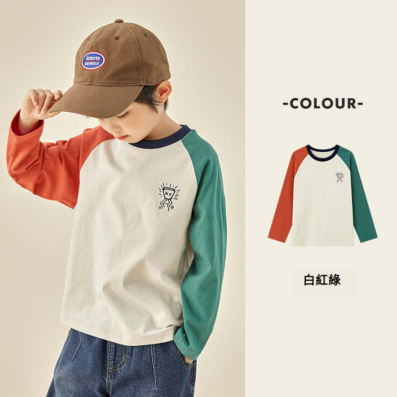 男童春秋撞色插肩袖T恤