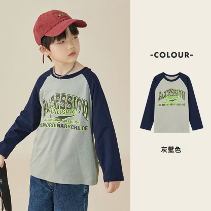 男童純棉插肩袖印花長袖T恤