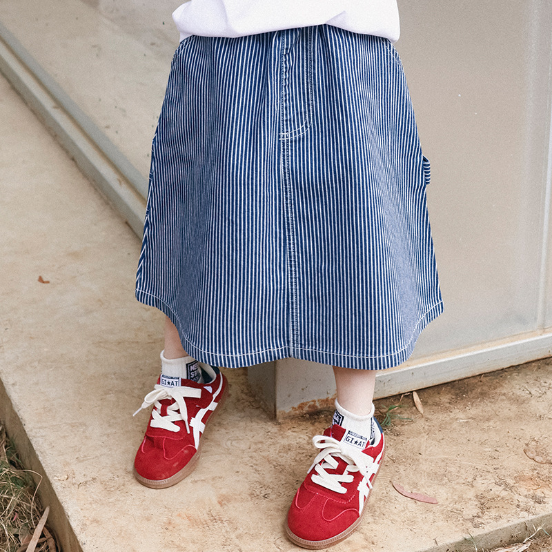 女中大童復古條紋百搭牛仔裙親子裝