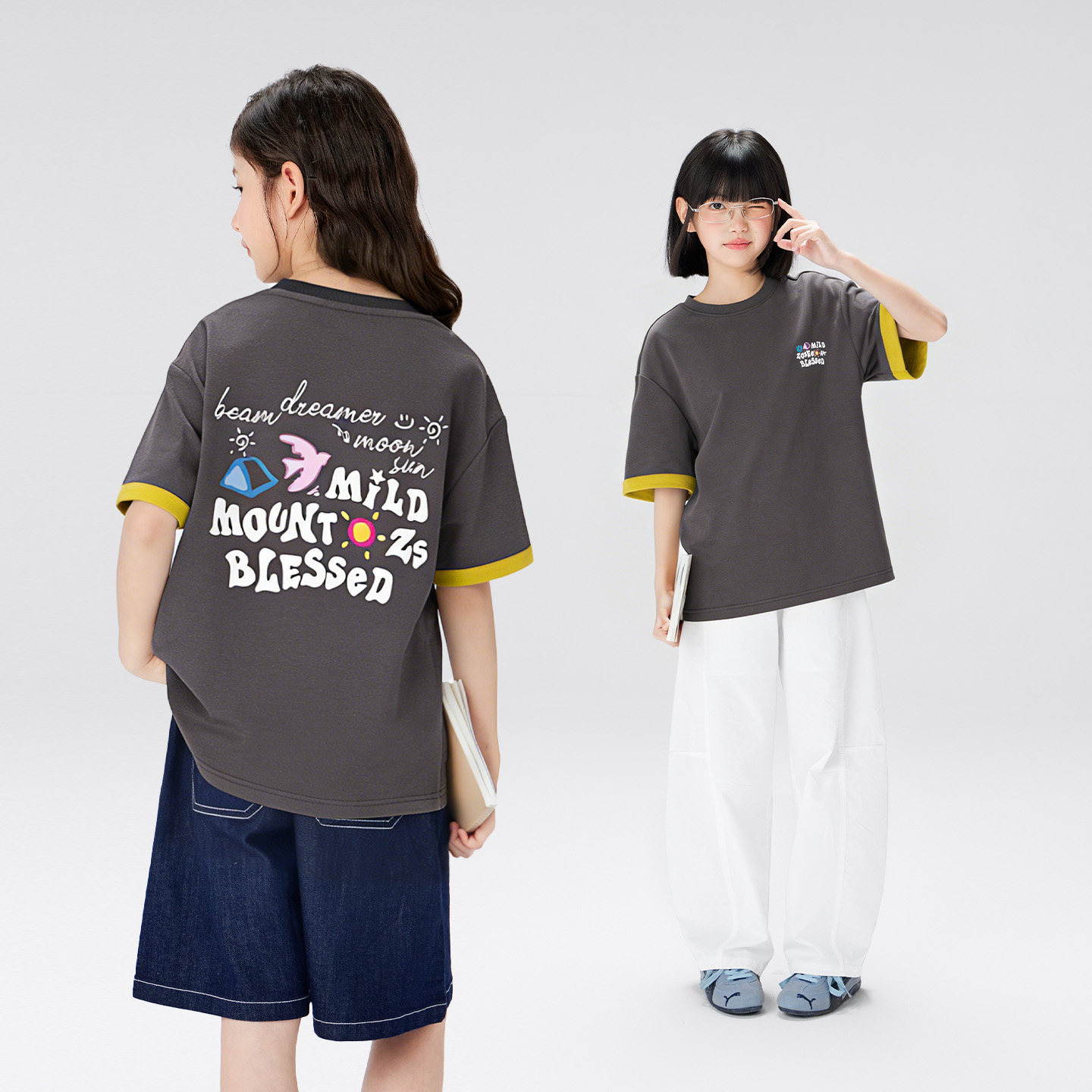 女童雙面紗撞色T