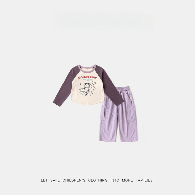 春季女童萌趣戶外長袖T恤褲子套裝