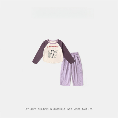 春季女童萌趣戶外長袖T恤褲子套裝