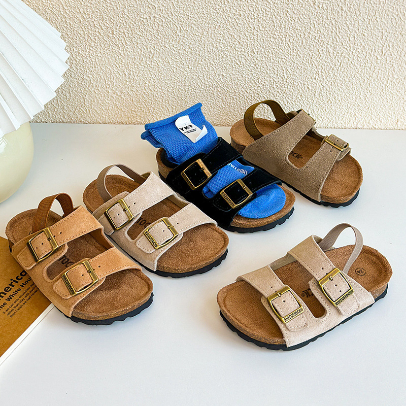 兒童夏季磨砂皮露趾木糠底涼拖鞋