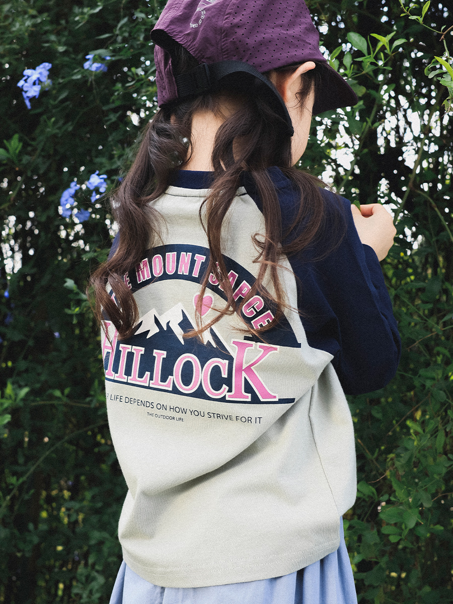 女童春季圓領純棉撞色插肩印花長袖打底衫T恤