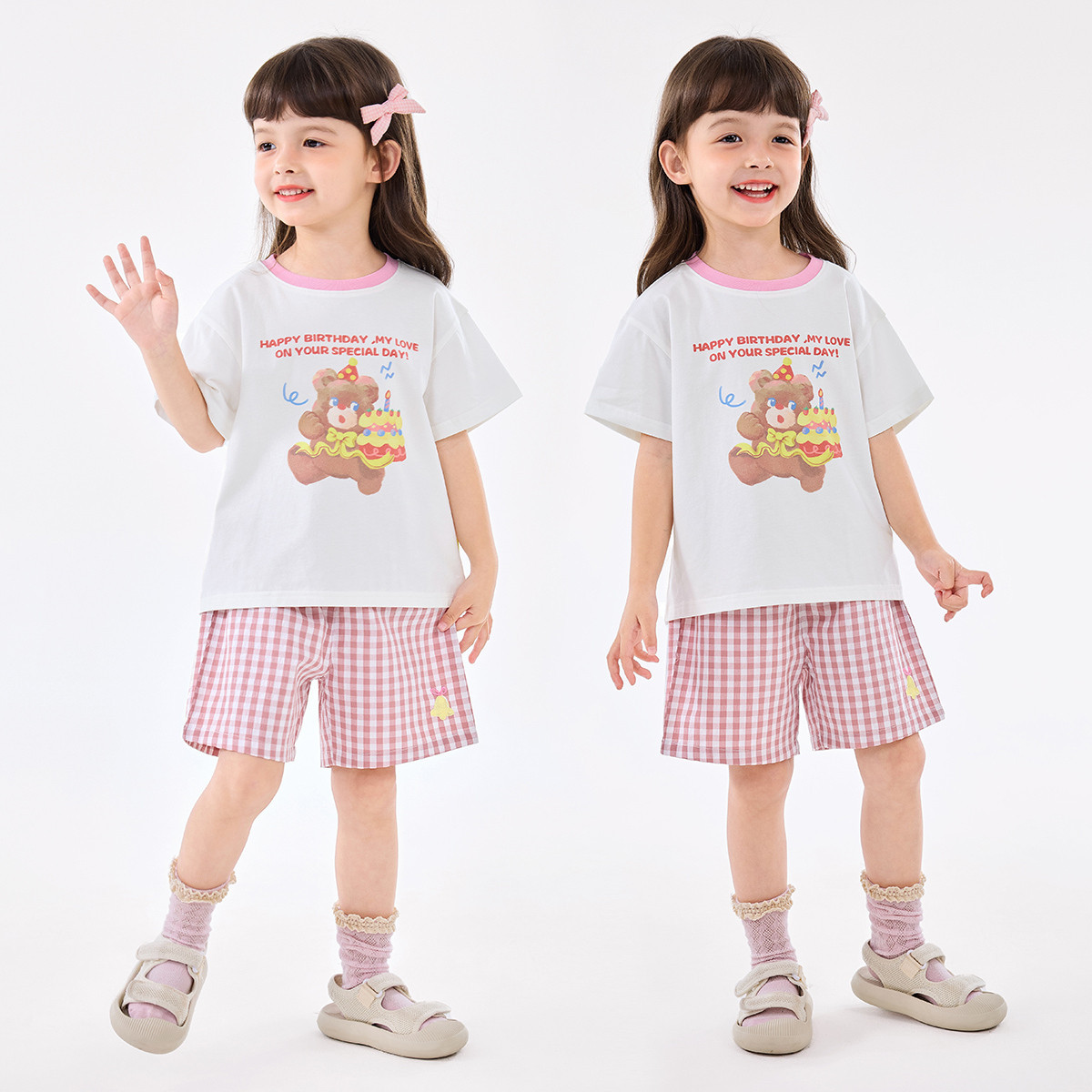 女童夏季卡通刺繡甜美短袖短褲兩件套