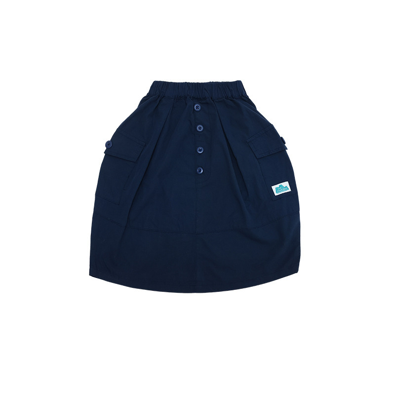 女童春季口袋紐扣長款工裝半身裙