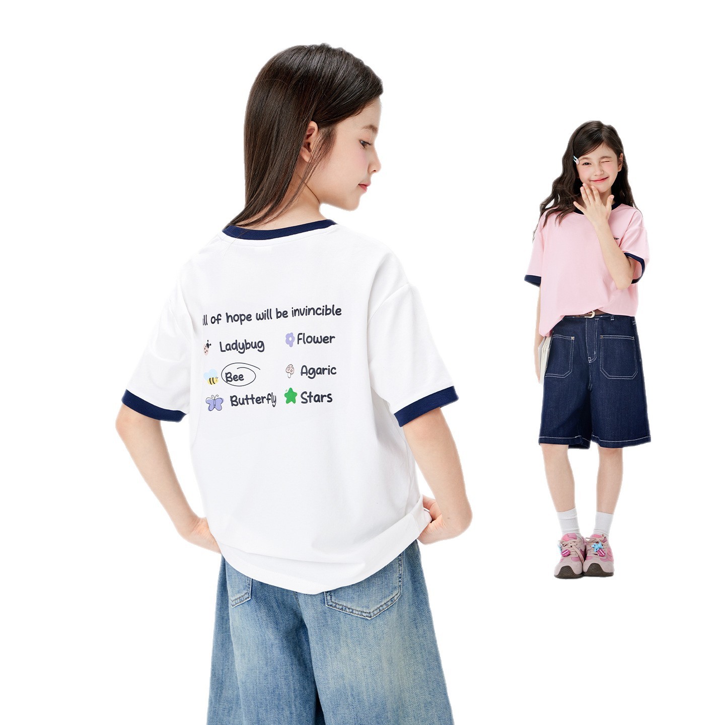 女童夏季涼感撞色字母印花小冰T短袖