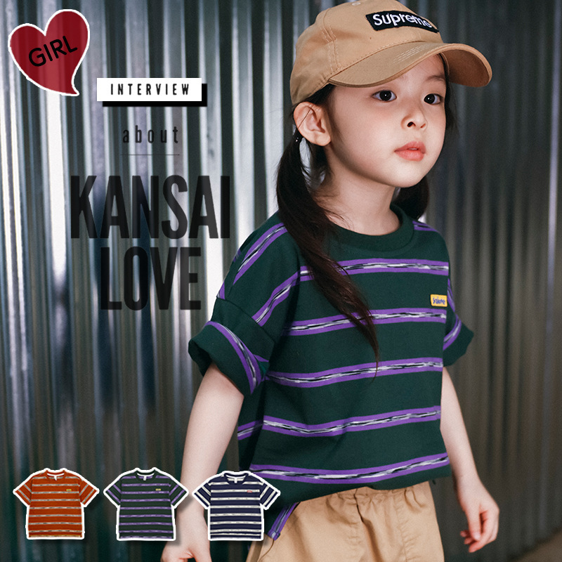 中大童寬鬆純棉撞色條紋t恤