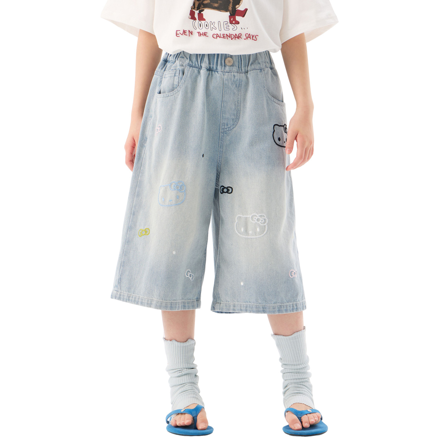 女童夏季卡通繡花七分牛仔褲