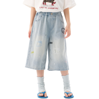 女童夏季卡通繡花七分牛仔褲