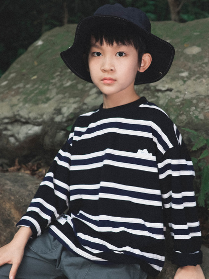 兒童春季休閑撞色條紋寬鬆套頭長袖T恤