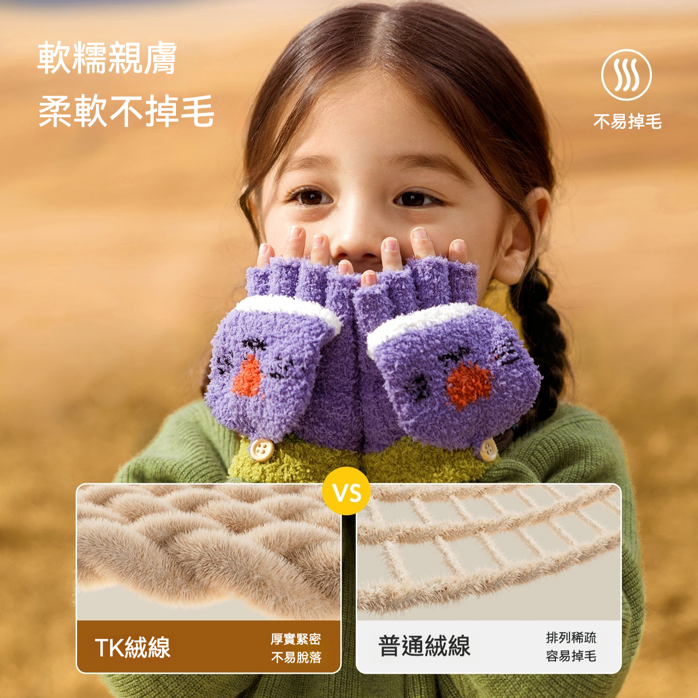 兒童冬季加絨半指翻蓋保暖手套