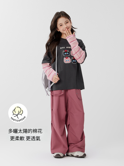 女童假兩件春秋款貓咪卡通長袖T恤