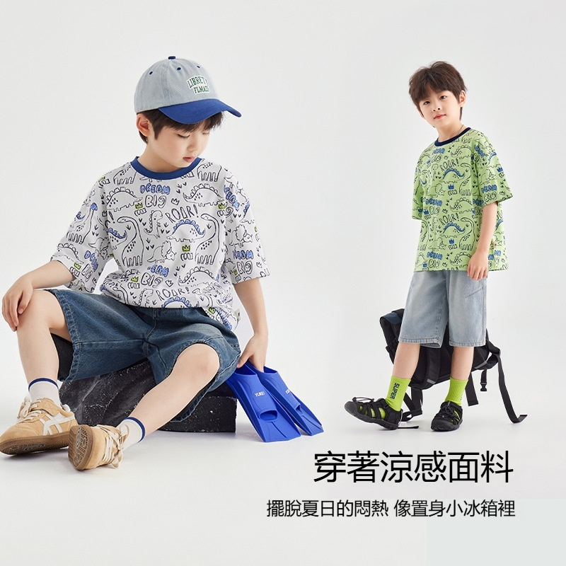 男童夏季滿印恐龍塗鴉涼感純棉短袖